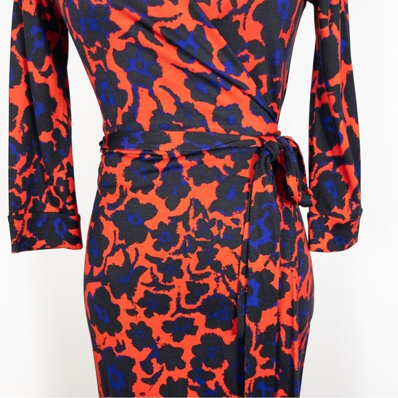 Diane Von Furstenberg Julian Silk Jersey Wrap Dress Cheetah Floral Blue and Red - Picture 5 of 14